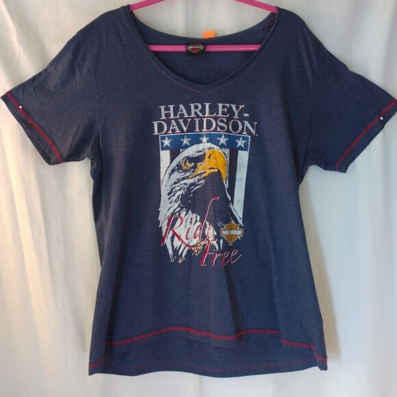 Size 3X Ladies Daytona Harley Davidson Eagle Blue/Bling V Neck Tee - Picture 1 of 7